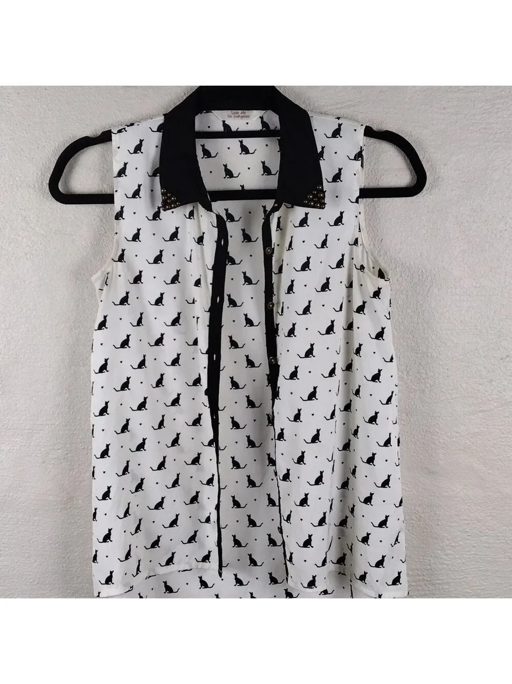 Love Me I'm Gorgeous White Black Cat Print Collared Sleeveless Button Down Top